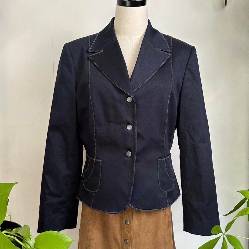 Tahari Arthur S. Levine Navy Blue Contrast Stitch Blazer Jacket 14P